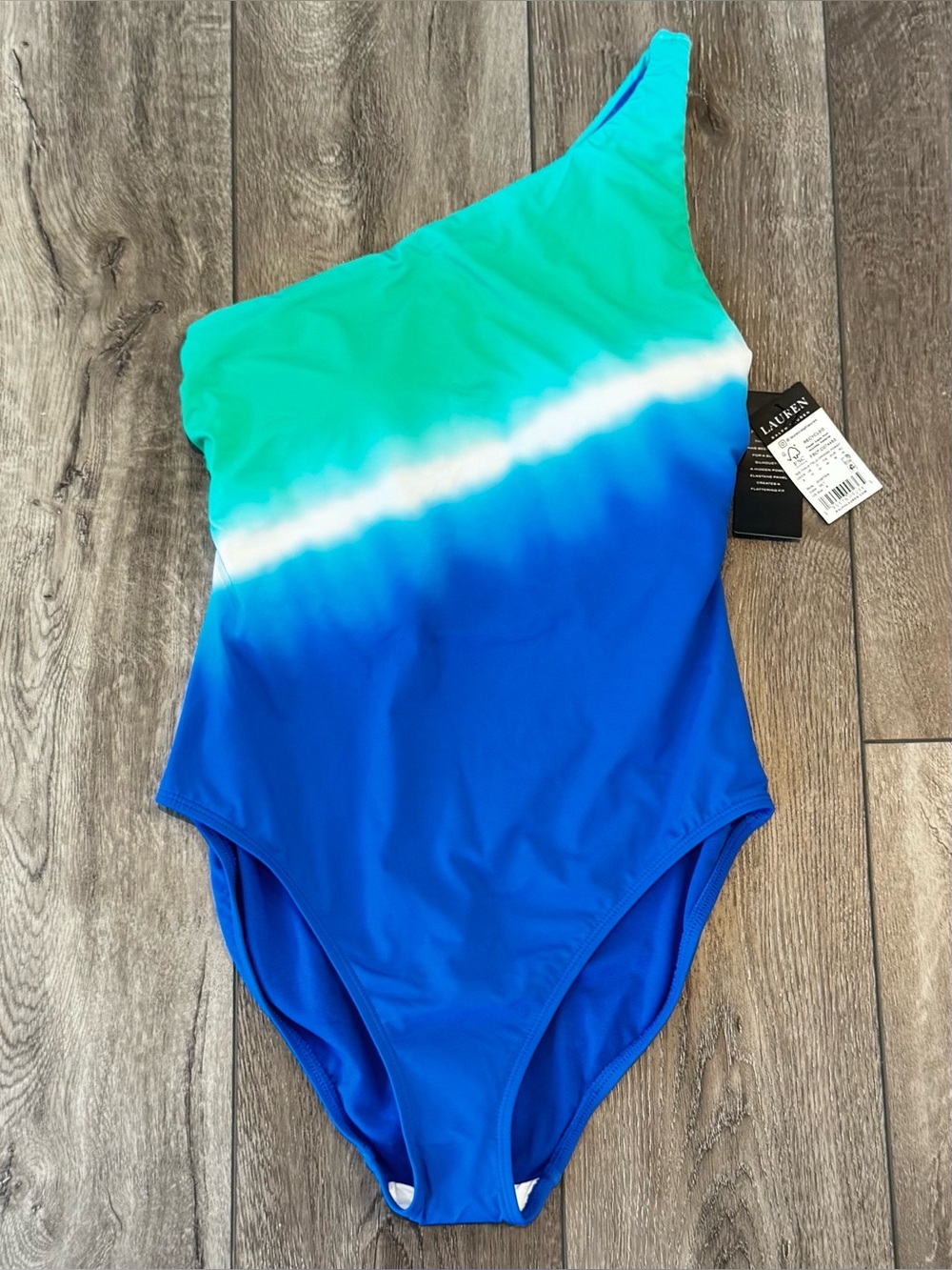 NEW Lauren Ralph Lauren Cabana Ombre One-Shoulder One-Piece Swimsuit Wo’s Size 8